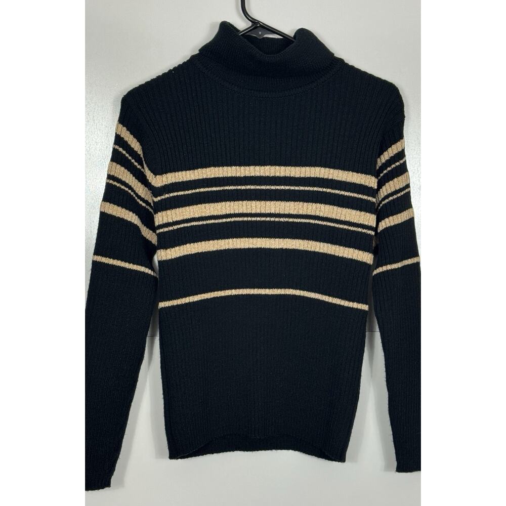 Womens American Outpost Acrylic Sweater Turtle Neck Black W/ Tan Stripes Size L